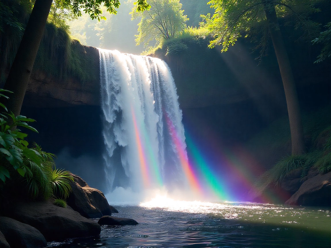 colorful shafts of light around a waterfall